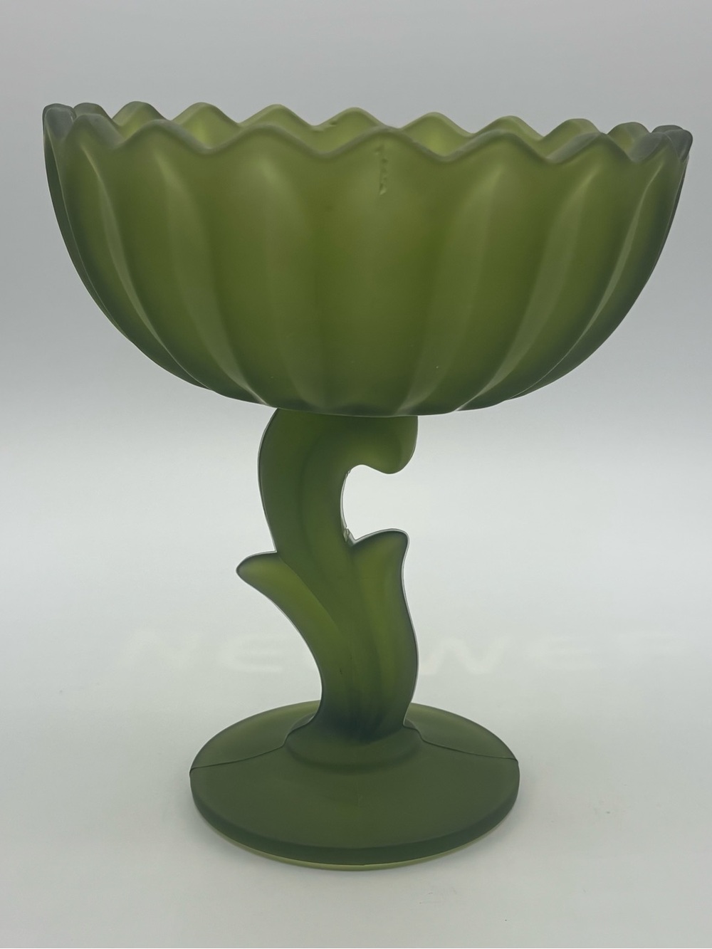 Vintage Indiana Green Frosted Glass Lotus Blossom Compote Candy Dish Pedestal